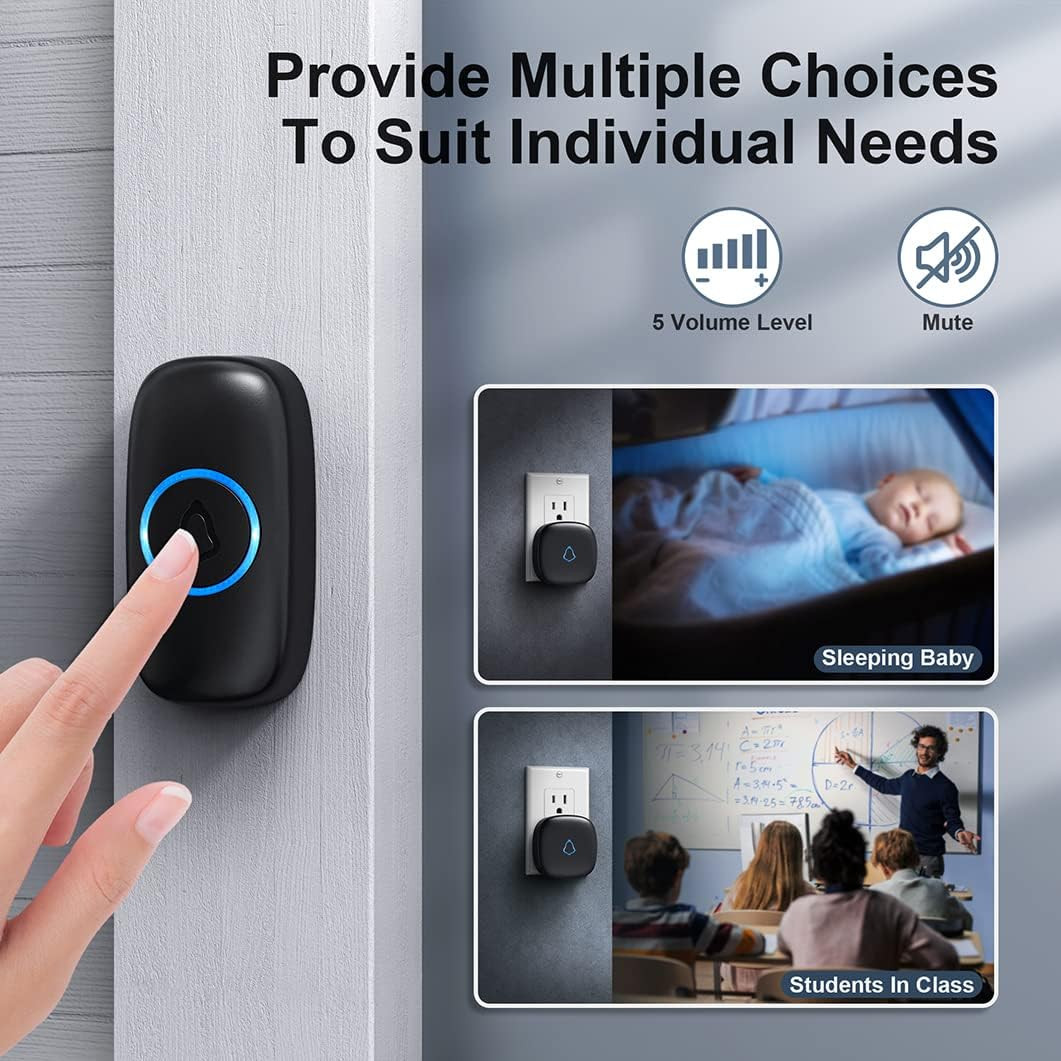 Wireless Doorbell with 2 Receivers 2 Push Buttons, Easy Installation, Adjustable