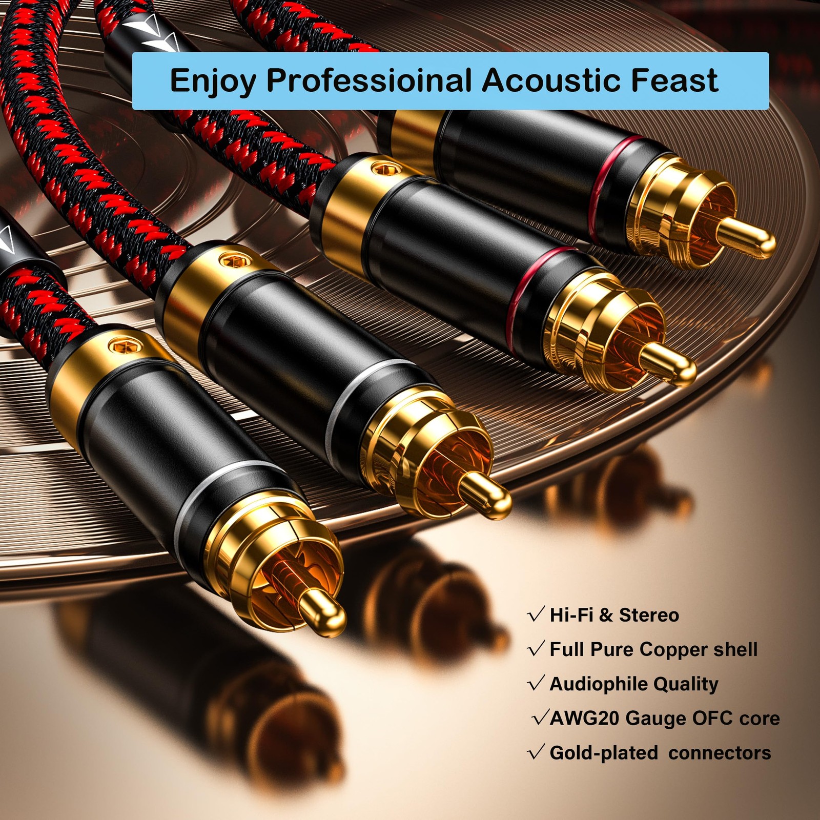 Primeda Auidophile 2RCA Male to Stereo Audio Cable,Gold 3 Feet, Red