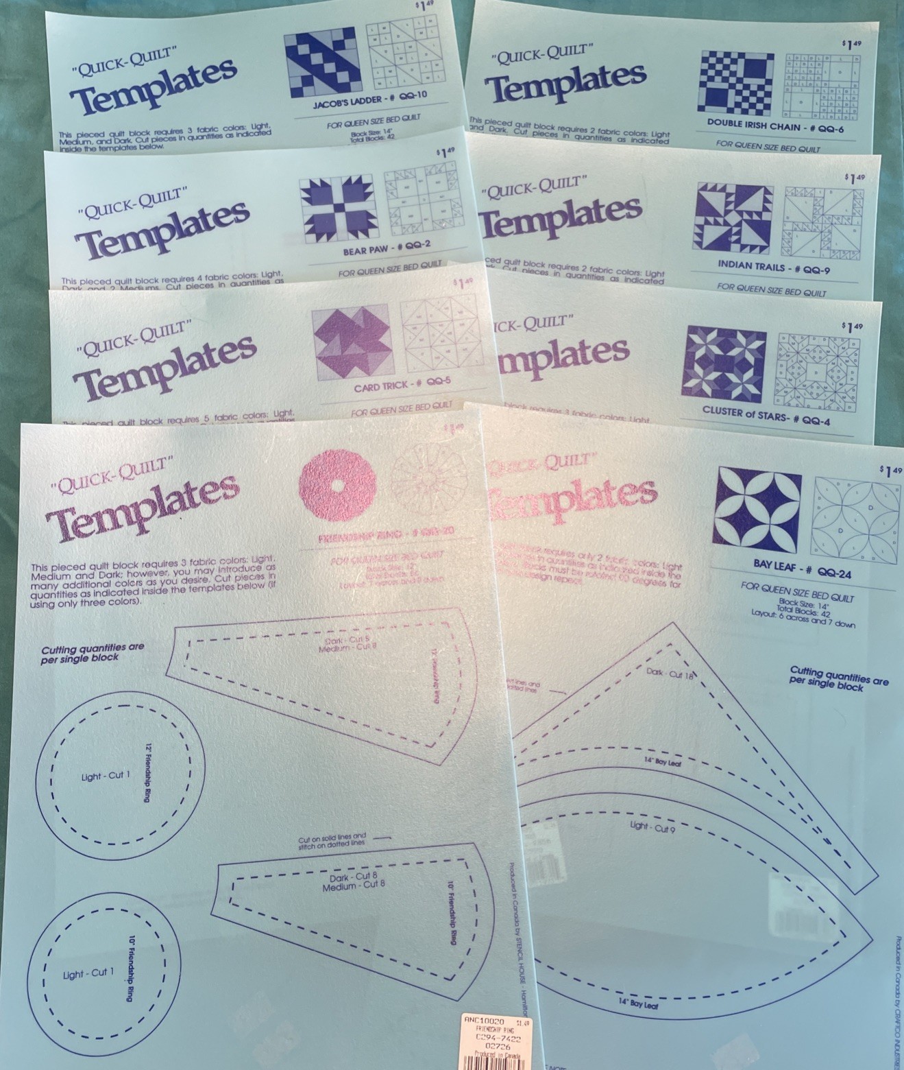 Lot Of 8 Quick Quilt Templates Jacob’s Ladder Friendship Ring Bear Paw & More