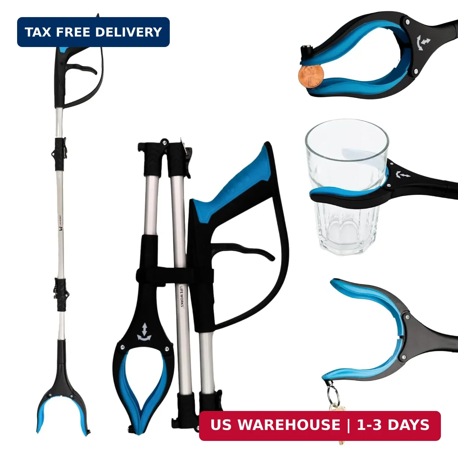 LIFE WORKS Reacher Grabber Tool, 360° Rotating Head, Lightweight 36" Foldable Ar