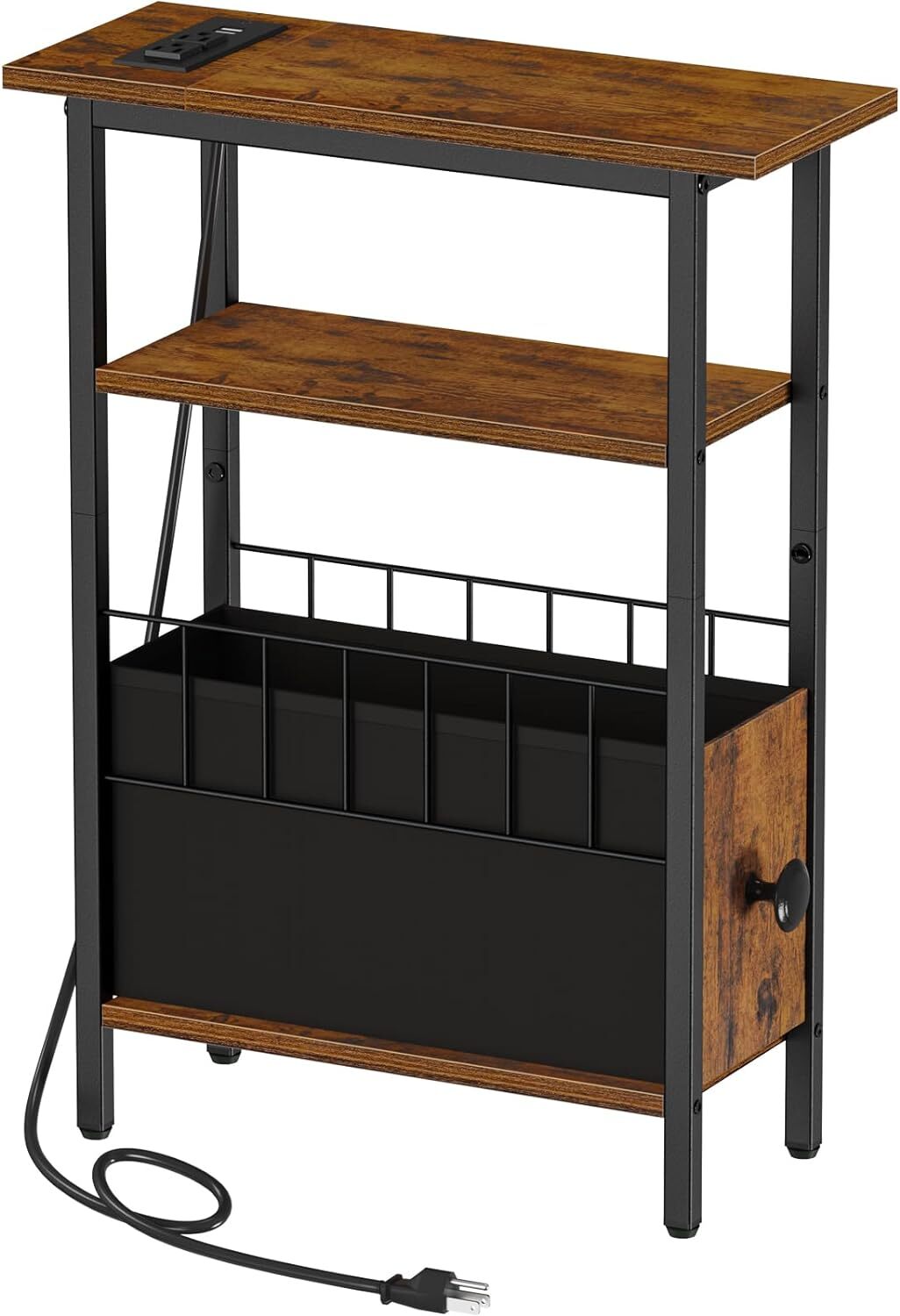 Snughome Narrow Side Table with Charging Station, Slim End Rustic Brown
