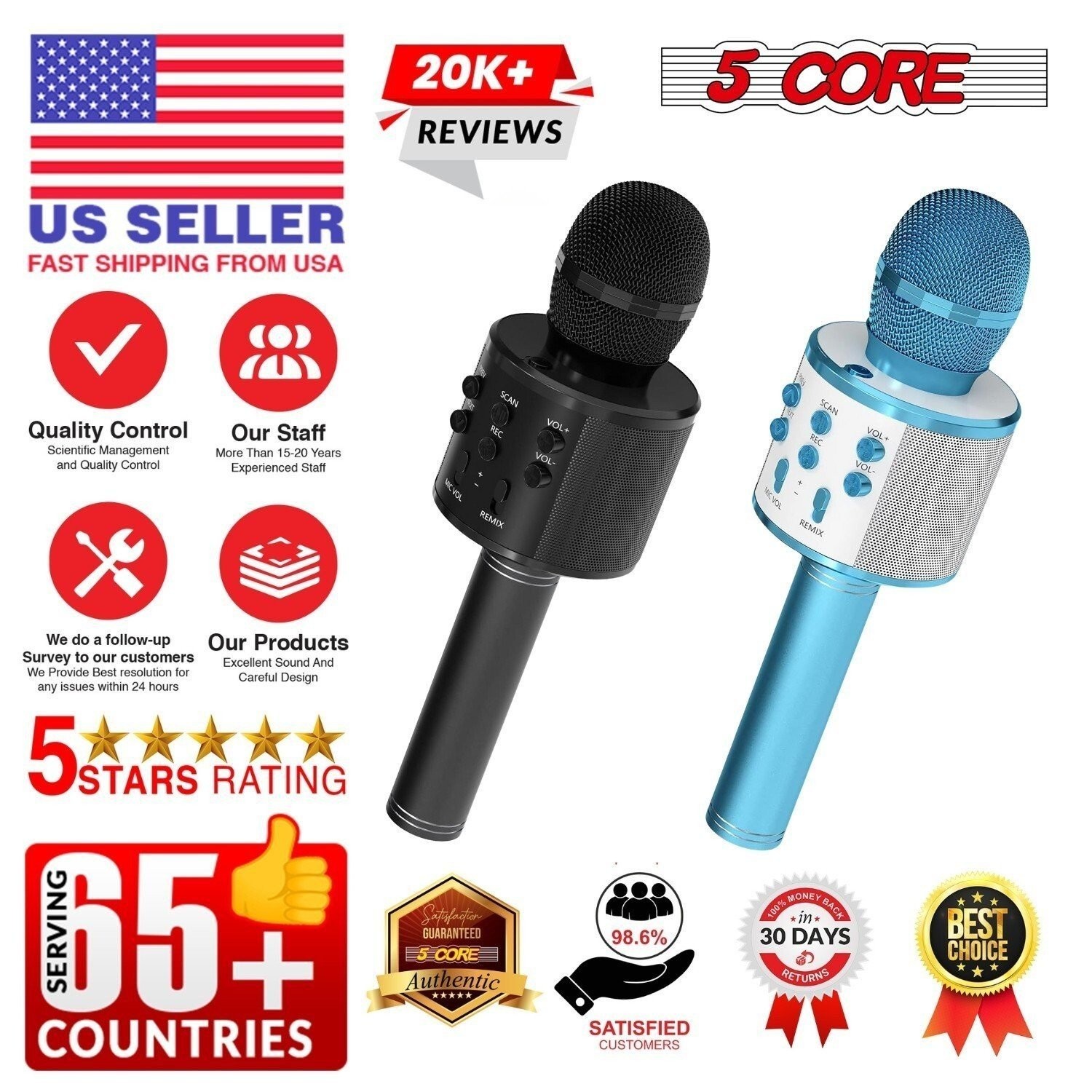 5 Core Microphone Wireless Karaoke Mic w/Speaker Portable Bluetooth Microfono 2x
