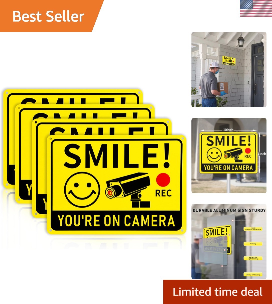 4 Pack Smile You're on Camera Signs - Durable 10x7 UV Printed Aluminum Securi...