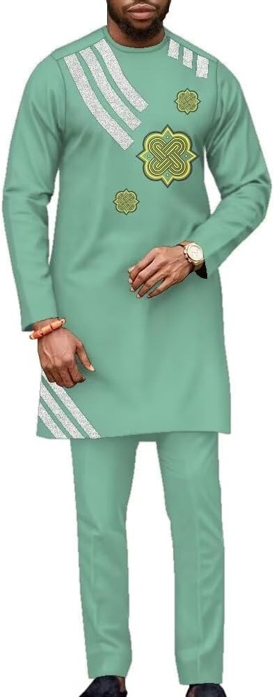 Traditional Suit 2 Piece Mens Outfits Set Embroidered African Top and Pant