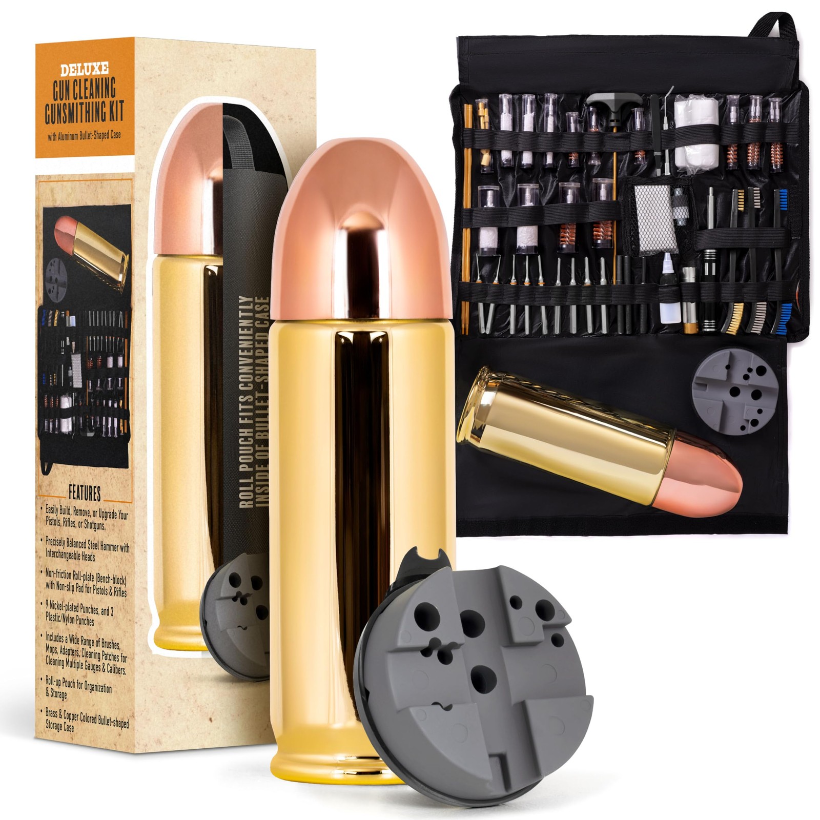 Deluxe Gun Cleaning/Gunsmithing Kit - Aluminum Bullet-Shaped Storage Case, Br...