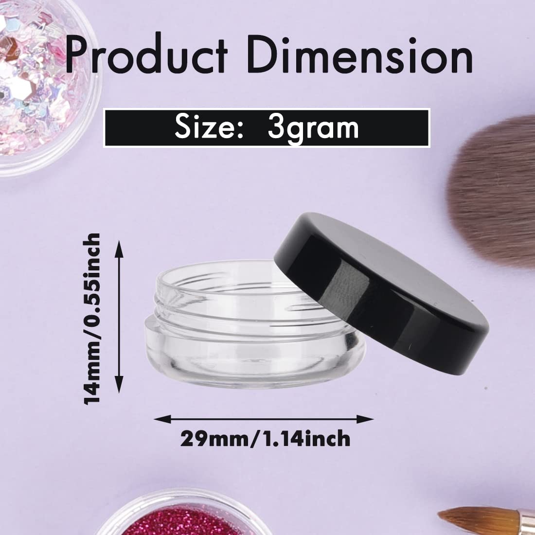 3 Gram Sample Containers with Lids, 50 Count Tiny 50 Count, Black