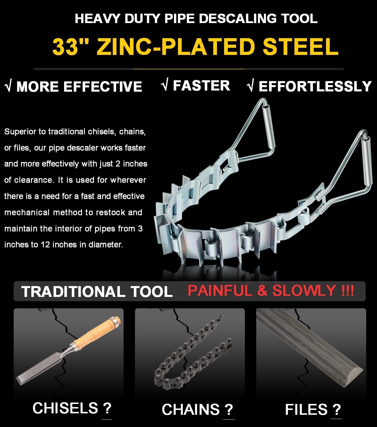 Tool DS12 Steel Pipe Descaler 33" Descaling Tool Remove Scale For 3"-12" Pipes