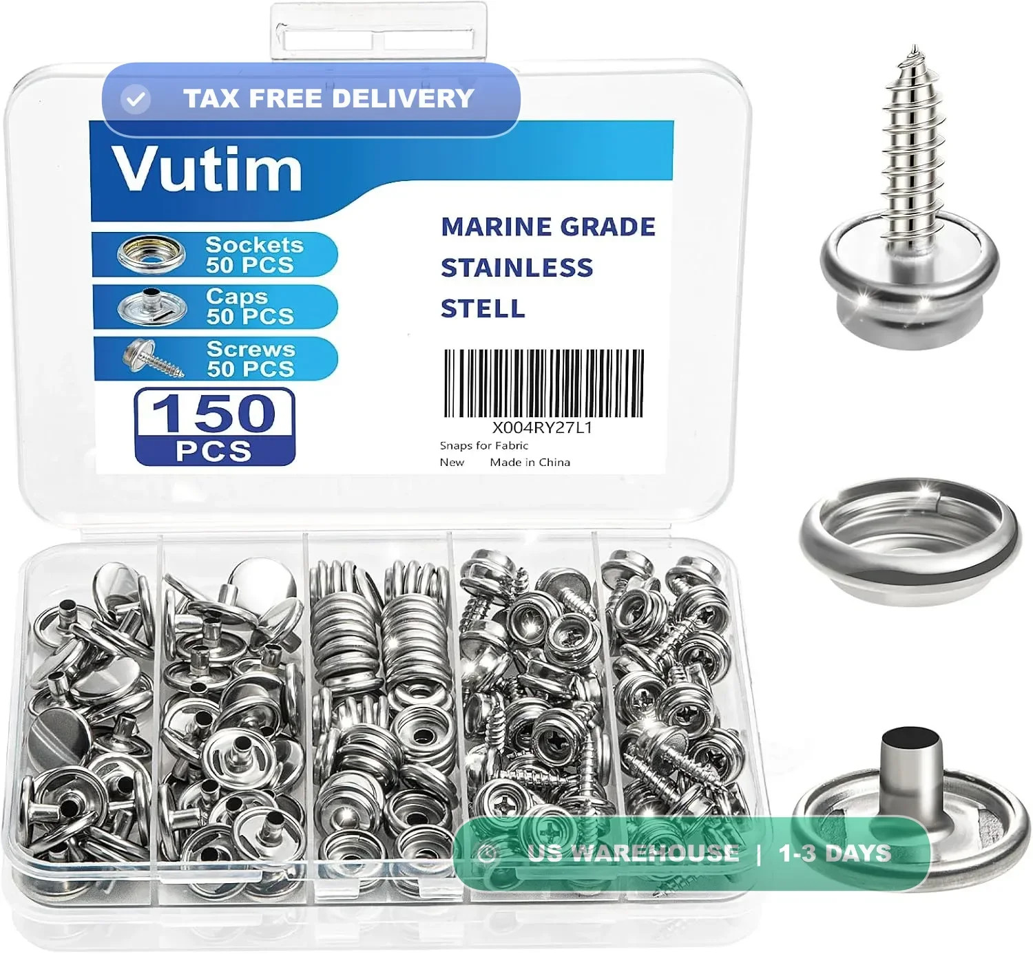 150 PCS Canvas Snap Fastener Tool Set, Vutim Marine-Grade 3/8" Stainless Steel S