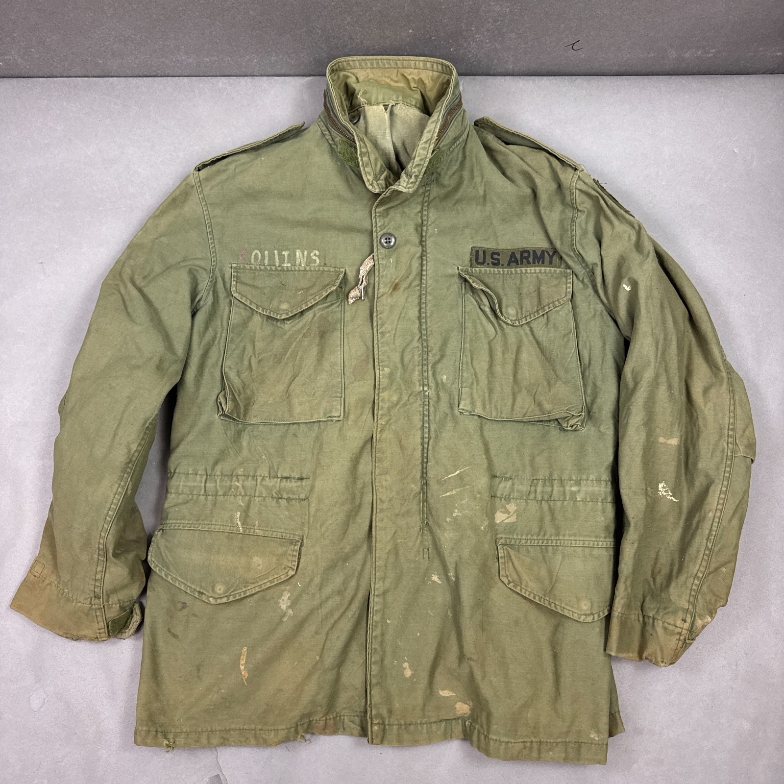 US Army Coat Mens Medium Green Field Coat Cold Weather 80s Military OG 107 Named