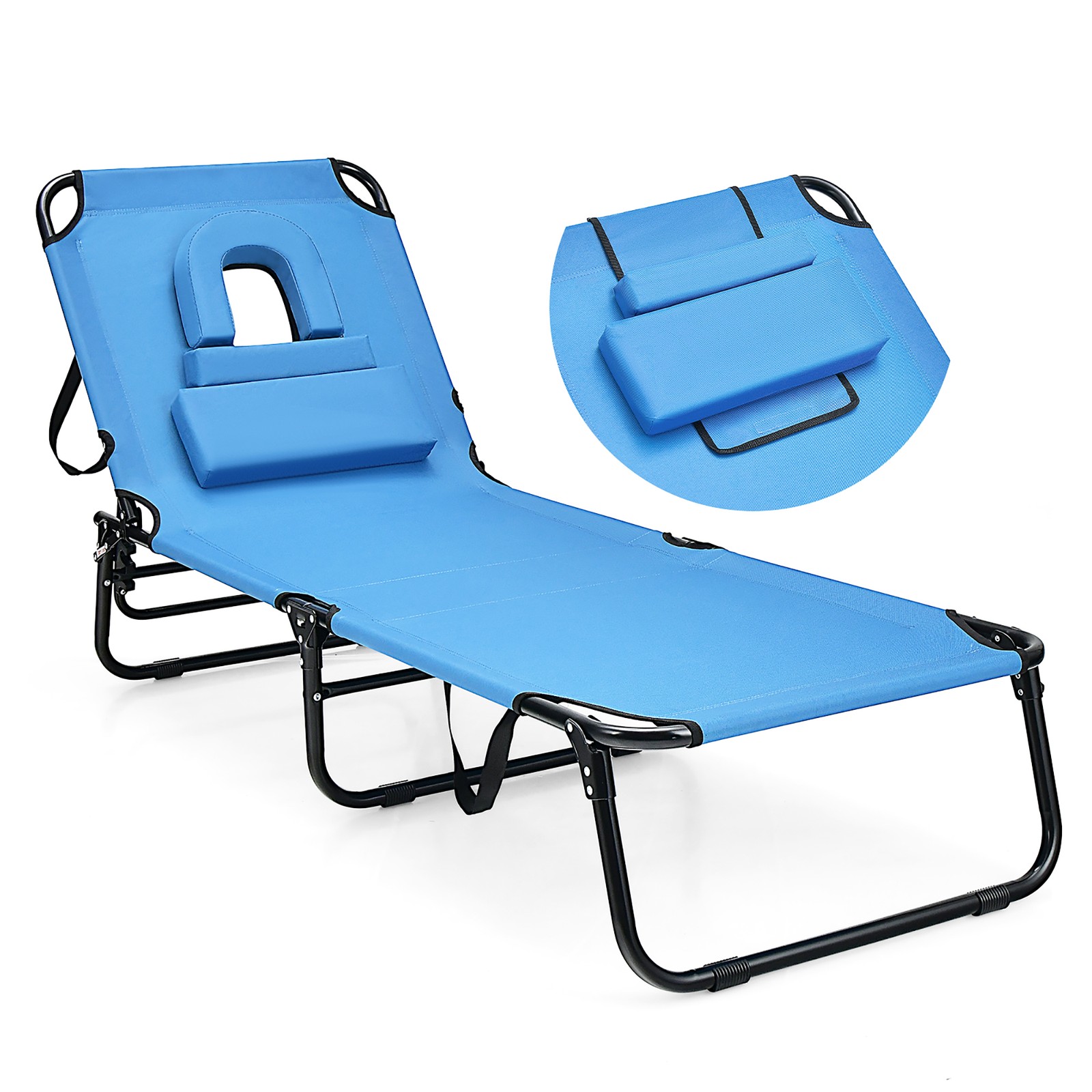 5-Position Lounge Chair Adjustable Beach Chaise w/ Face Cavity & Pillows Blue