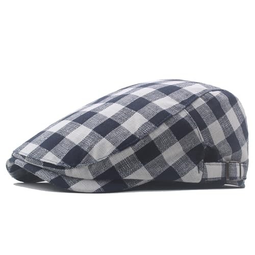 Vintage Checkerboard Hat Ivy Flat Gatsby Cabbie One Size Navy Blue Side Button