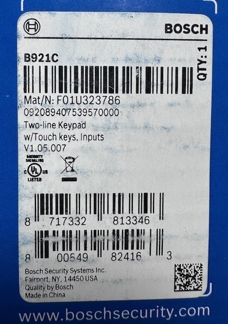 Bosch B921C Capacitive Touch Text Keypad - FACTORY SEALED