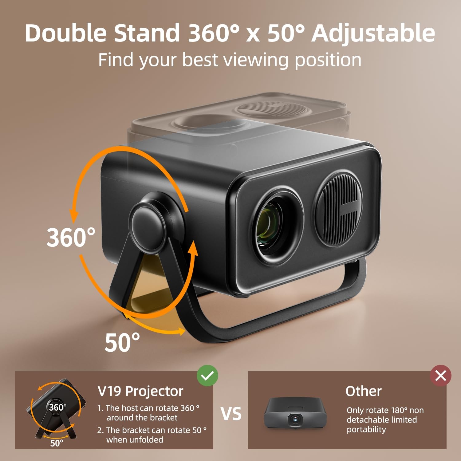 Portable 1080P Mini Projector 360 Adjustable Stand Auto Keystone Bluetooth 5.4