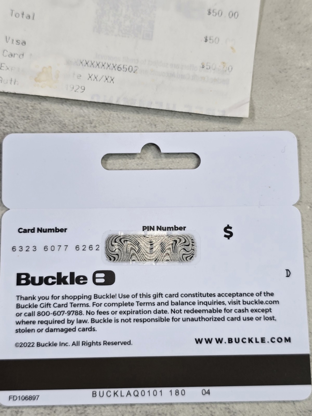 Buckle Clothing Gift Card $50 Value Receipt Blue