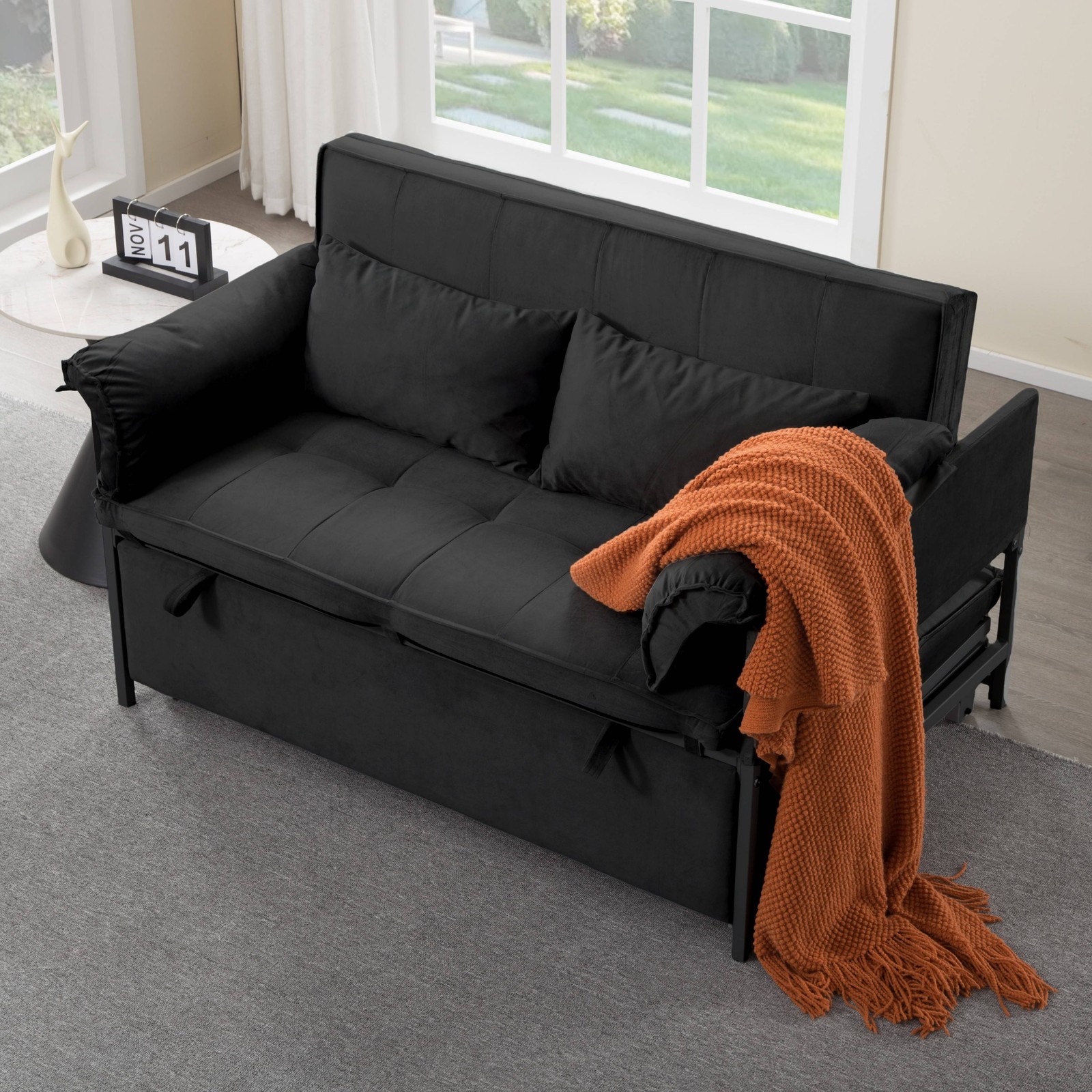 46" Velvet Sleeper Sofa Bed Twin Size Pull-Out Reclining Back 5 Angle Recline