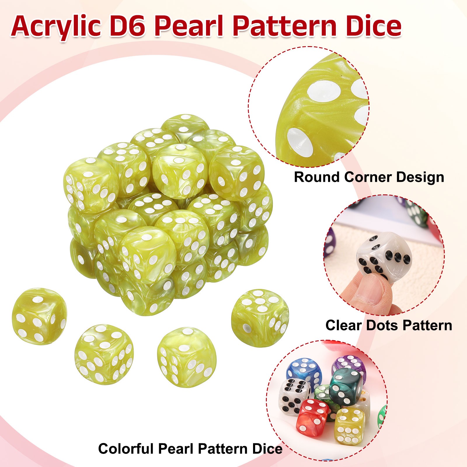 36Pcs 6 Sided Colored Standard Dice, Acrylic D6 Pearl Pattern Dice, Yellow