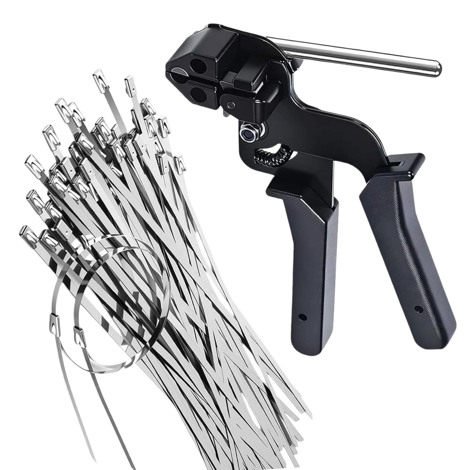 Stainless Steel Cable Tie Gun with 100pcs Metal Zip Ties 7.87in Cutting Tool