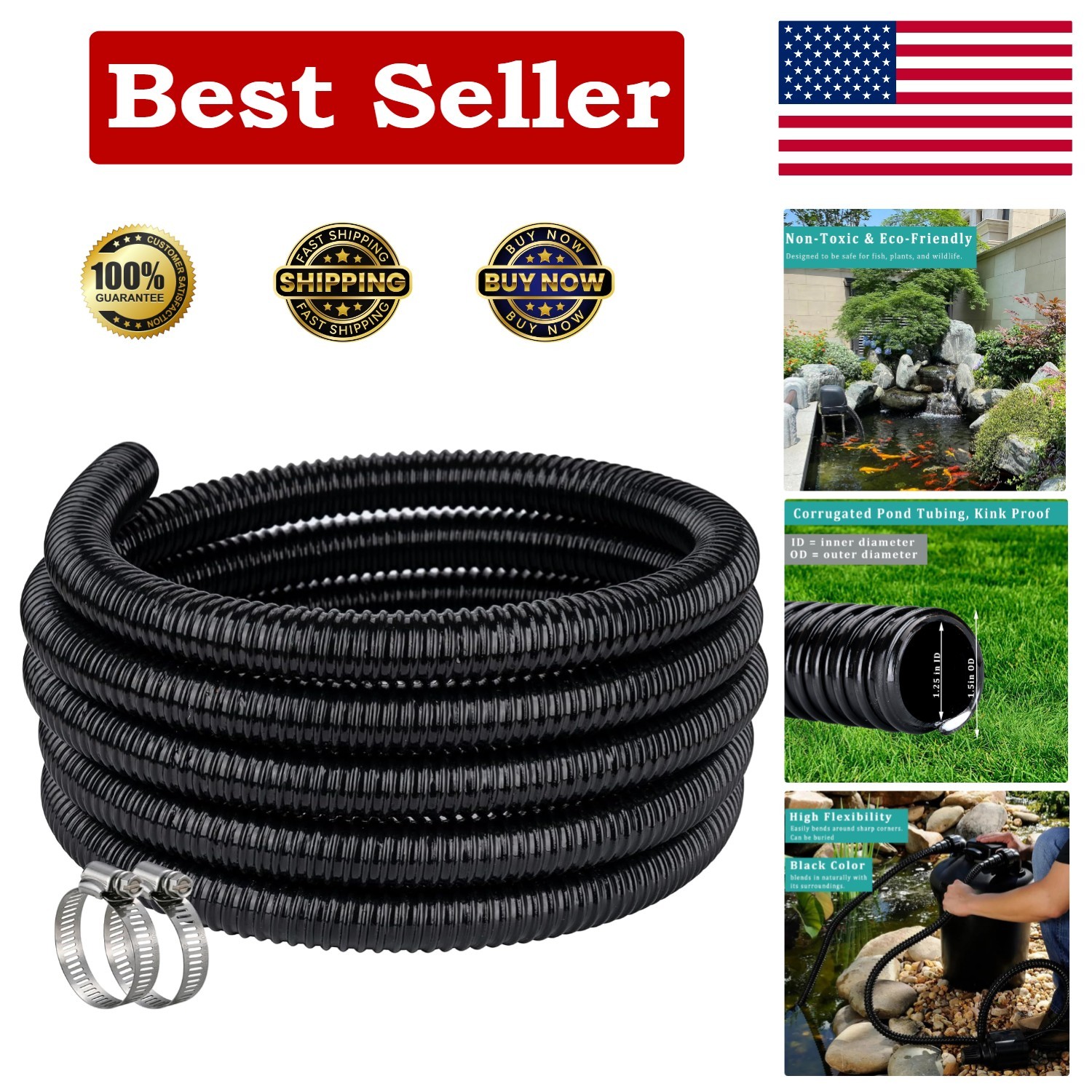 ZY-hosetube Pond Hose ID 1-1/4” × 25ft Black Corrugated 1-1/4 Inch,