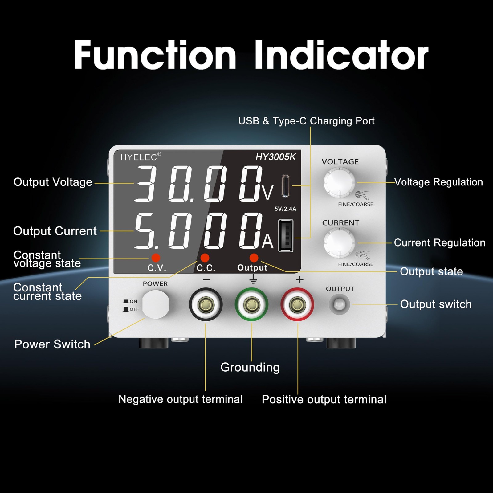 Variable DC Power Supply 030V 05A Bench Power Encoder 4Digit LED TypeC
