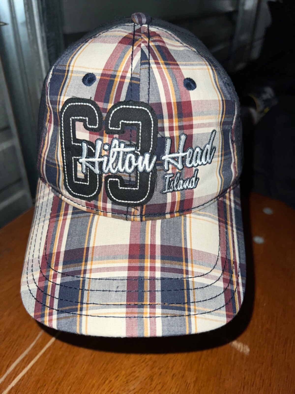 Hilton Head Island 63 Plaid Navy Blue Hook Loop Adj 100% Cotton EUC