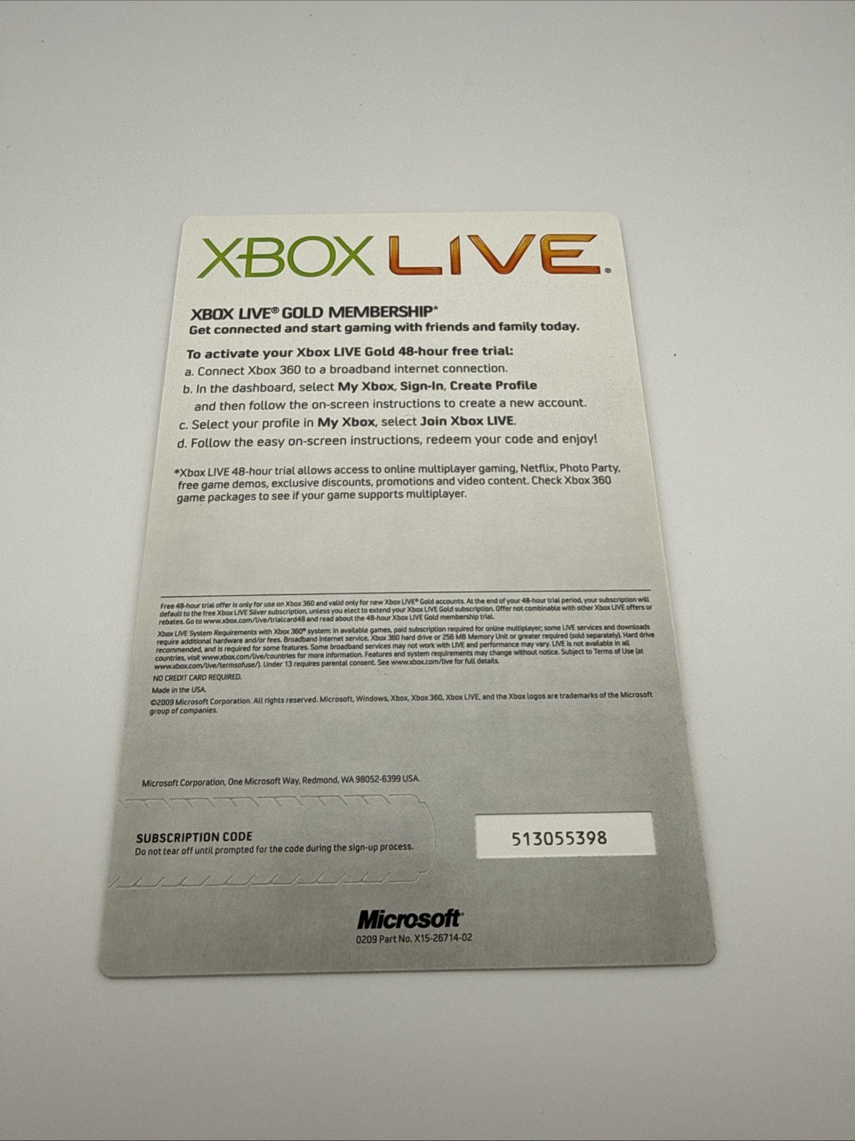 Microsoft Xbox 360 Live Gold 48 Hour Free Trial Code Scratch Card Subscription