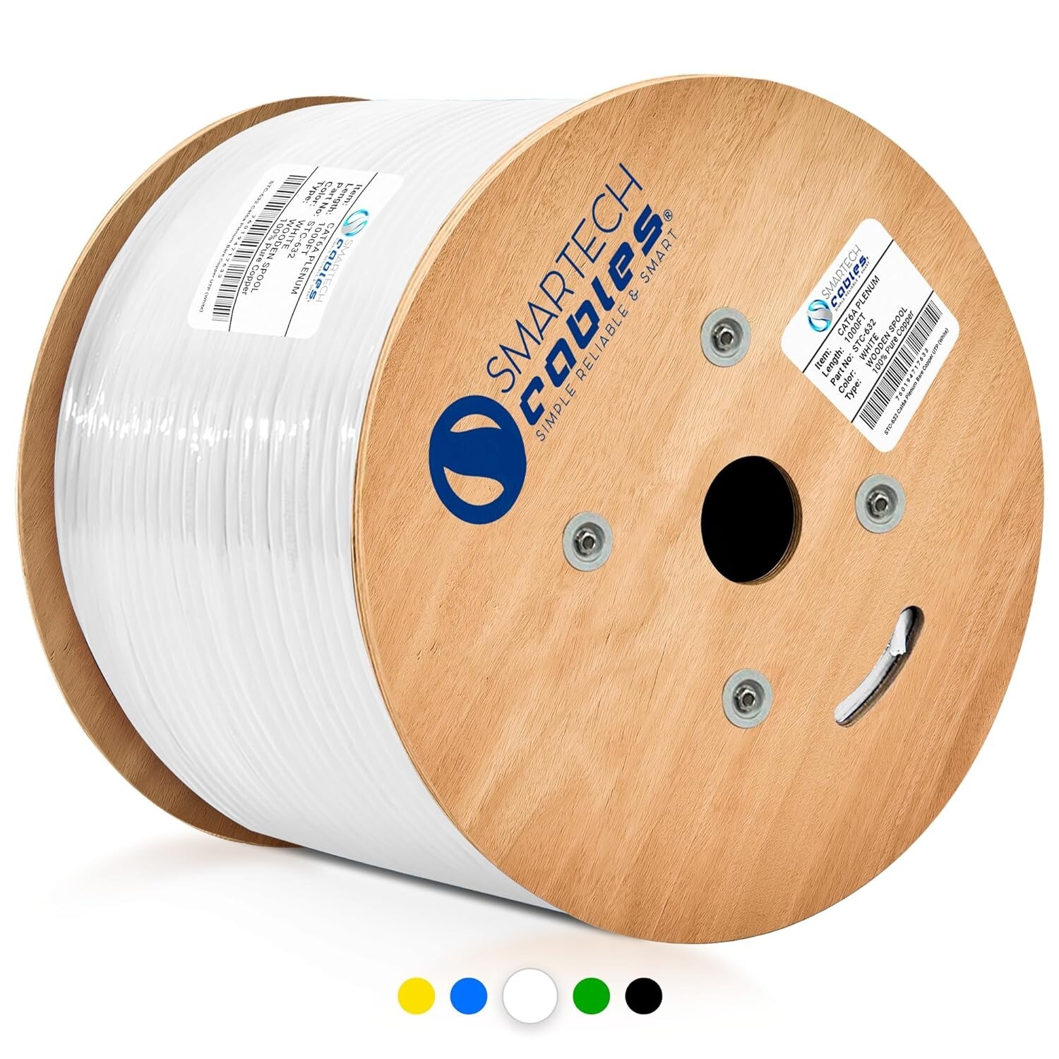 Cat6A Plenum Cable 1000ft Solid Copper 750MHz UTP Bulk Ethernet LAN Wire White