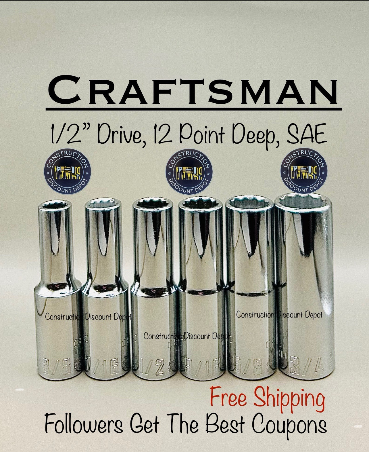 New Craftsman 6 Piece Deep 1/2" Drive SAE 12 Point Socket Set