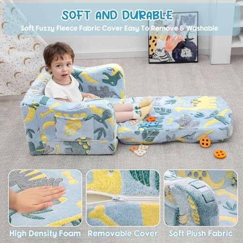 Comfy Toddler Chair and Couch for Kids with Blanket,2-in-1 Soft Plush Green