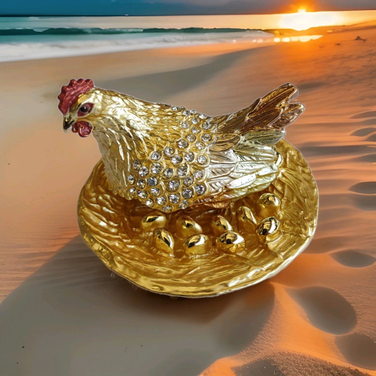 Gold Brown Chicken Hen Trinket Box