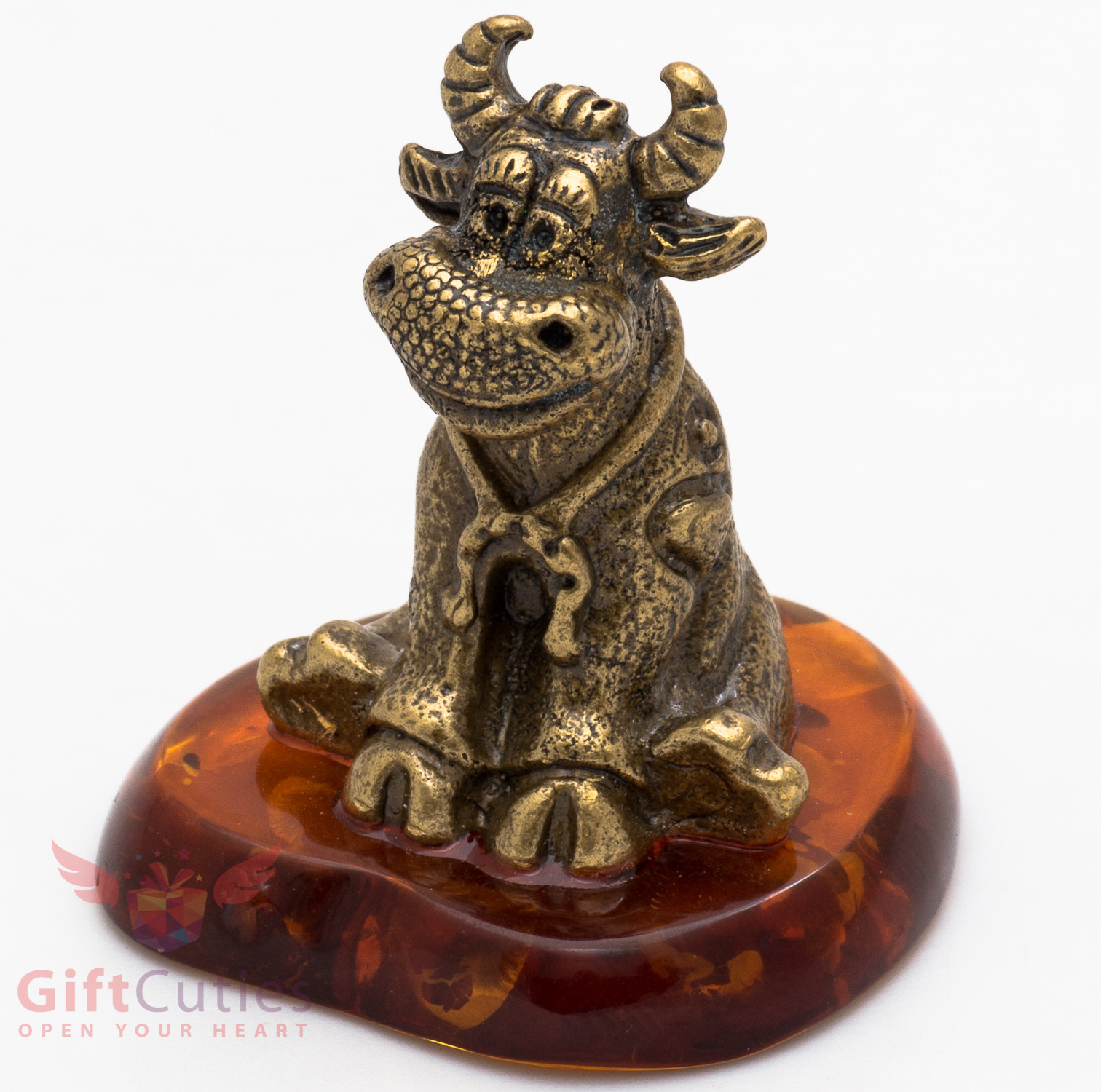 Solid Brass Amber Figurine of Happy Cow Bull w lucky horseshoe Talisman IronWork