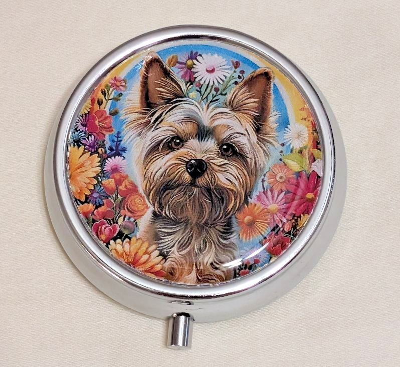 Yorkshire Terrier Yorkie & Wildflowers 3 Compartment Pill Box Round Pill Case