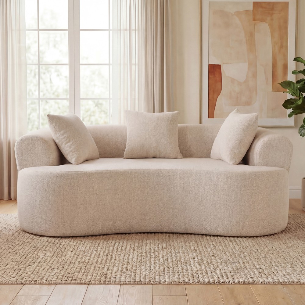 Crescent-shaped sofa, modern low-back design with deep cushions, self-inflating