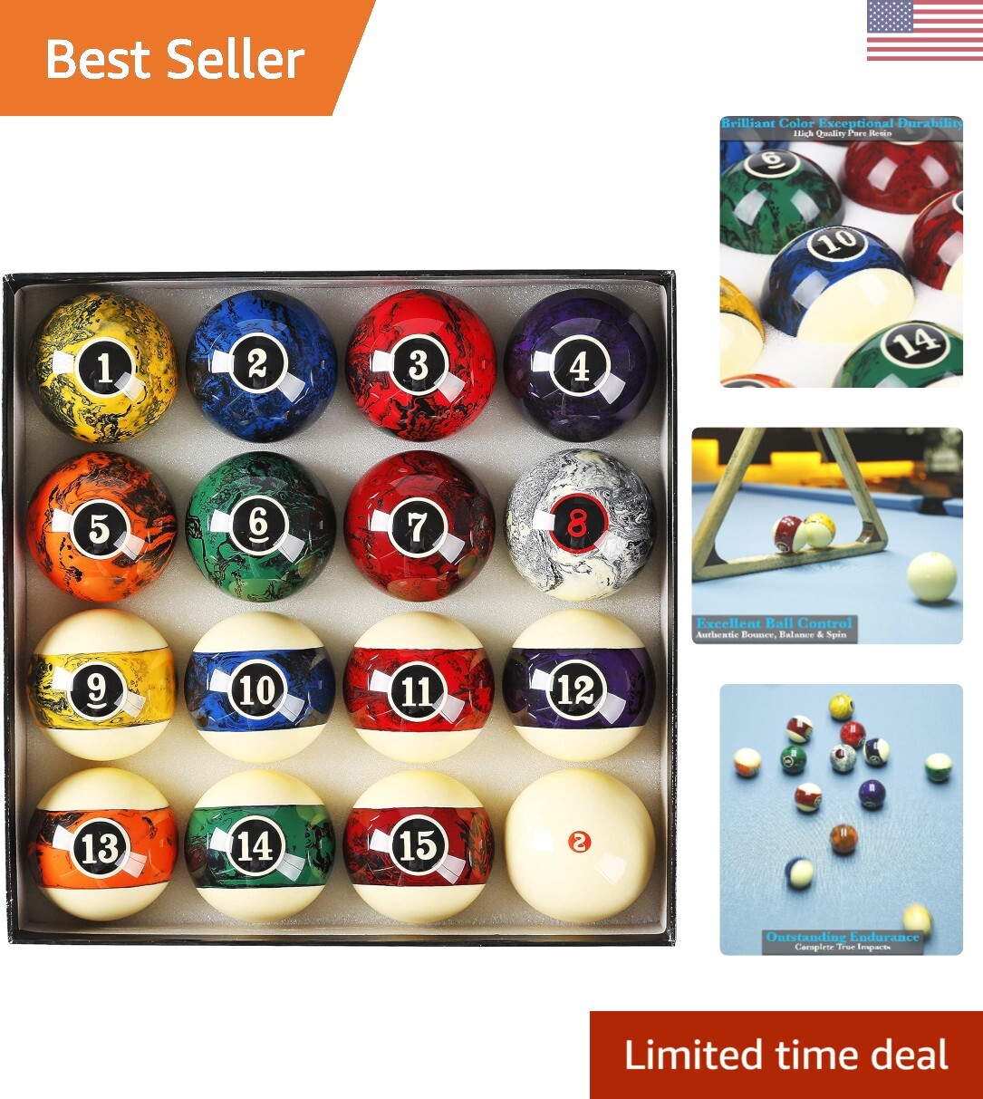 Tournament Grade Pool Balls - High Quality Resin - Standard Size 2-1/4" - Set...