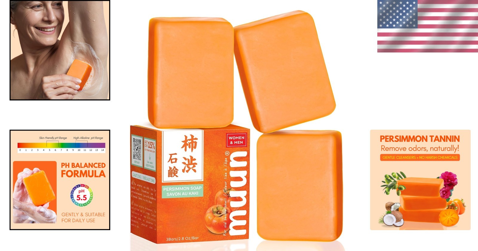Persimmon Soap Pack 3 For Old People Smell, Odor Control - Japanese Deodorant...