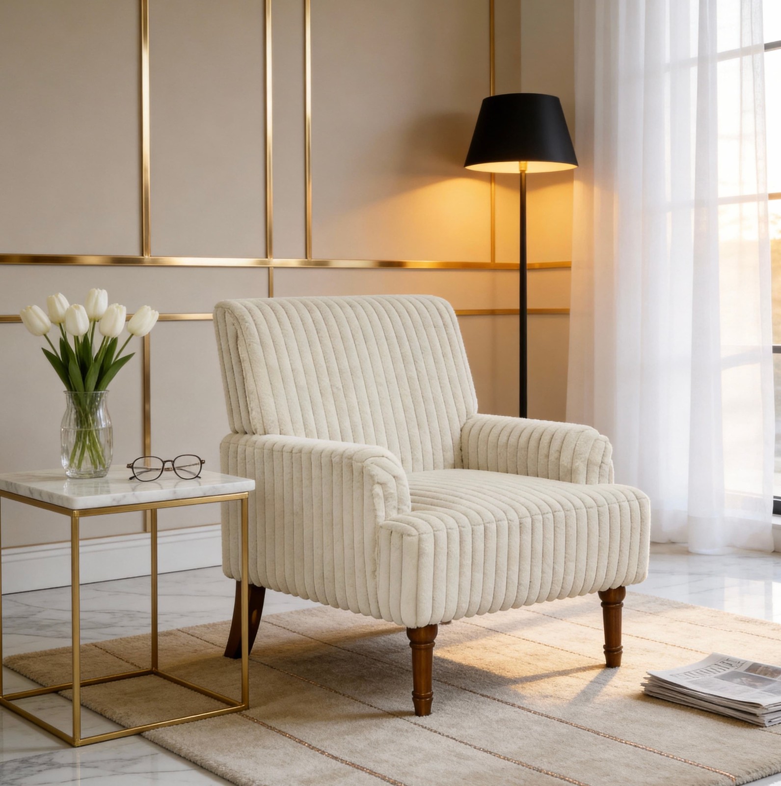 Beige Wide Wale Corduroy Accent Chair Modern Upholstered Armchair Wood Legs