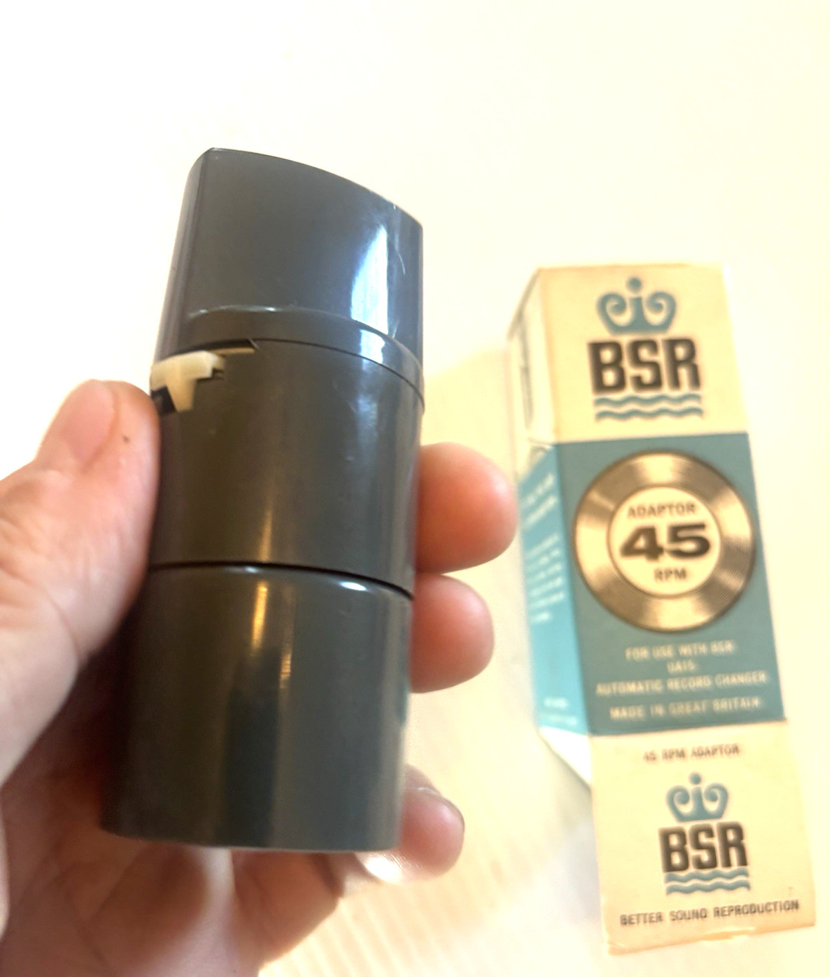 GRAY BSR 45 RECORD ADAPTER SPINDLE ADAPTOR NOS BLUE BOX GREAT BRITAIN