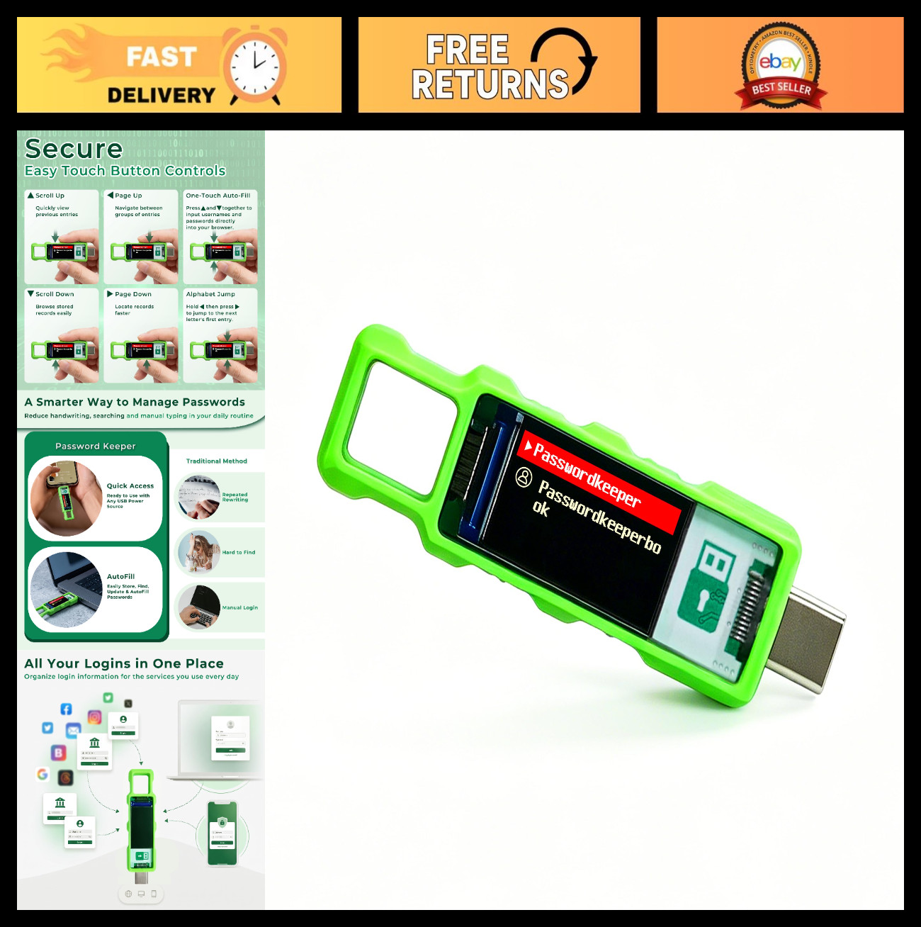 Portable Password Keeper with Type-C Port | Offline Password Manager & Organizer