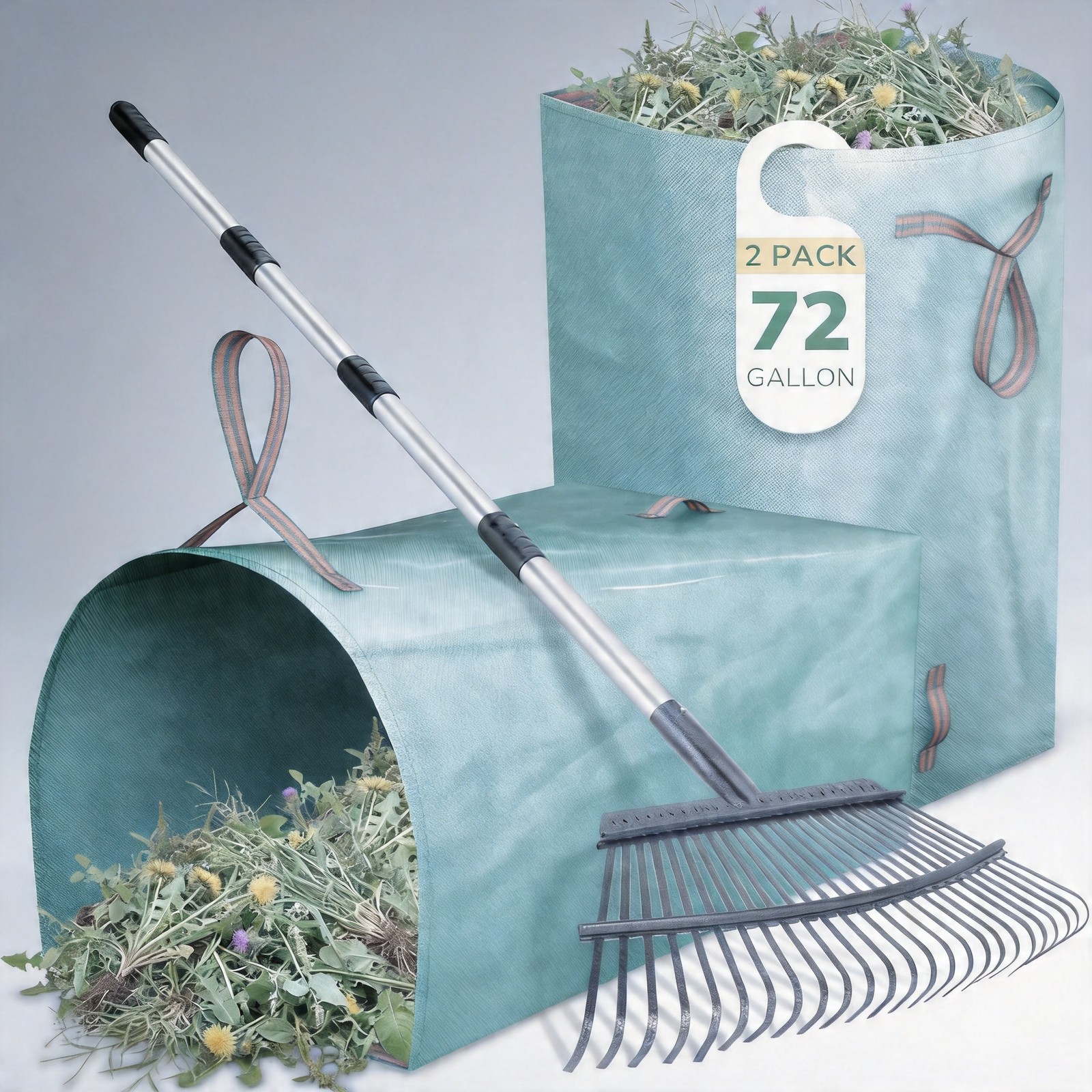 GreatBuddy Leaf Rake & 2 Pack 72 Gallon Bags Combo 25 Tines 72" Handle