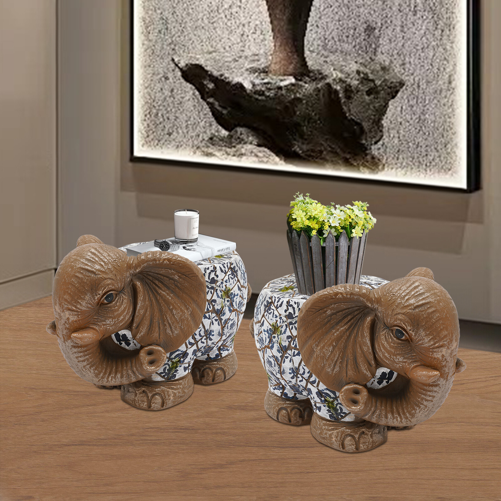 2 PCS Modern Decorative Garden Stool Elephant Garden Stool Brown NEW