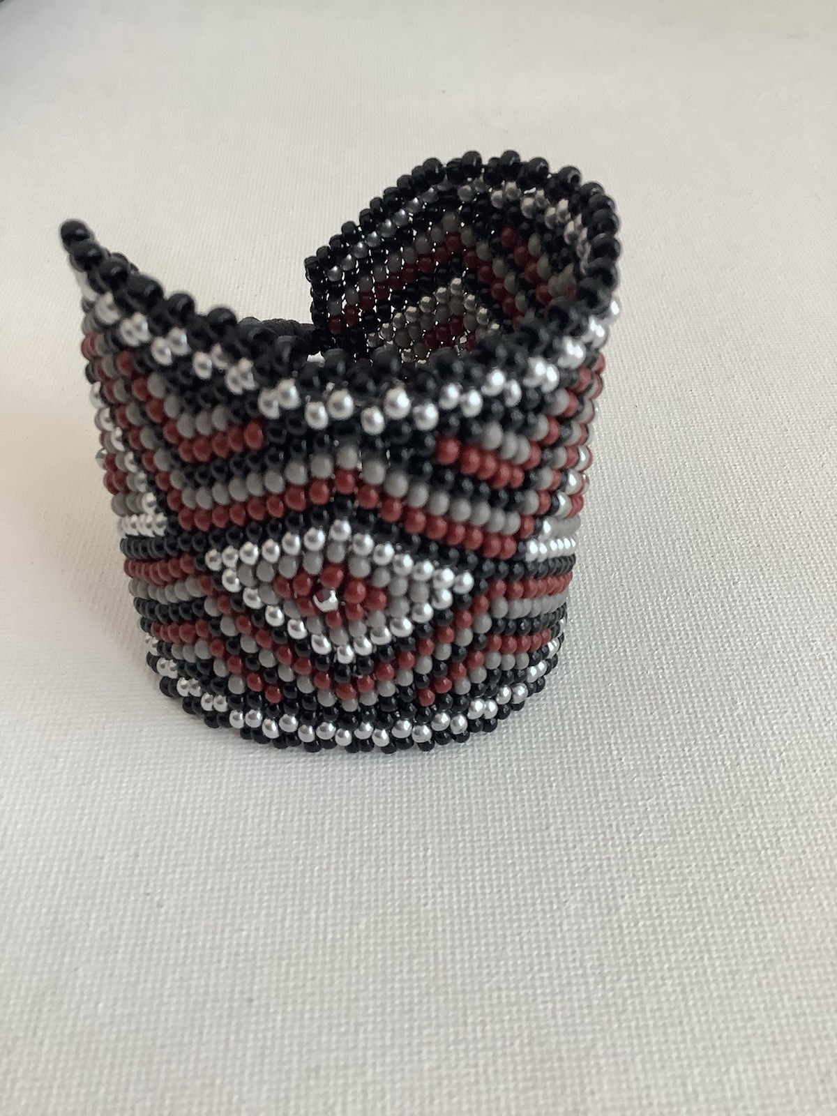 Handmade Beadweaving Bracelet Red Black Silver