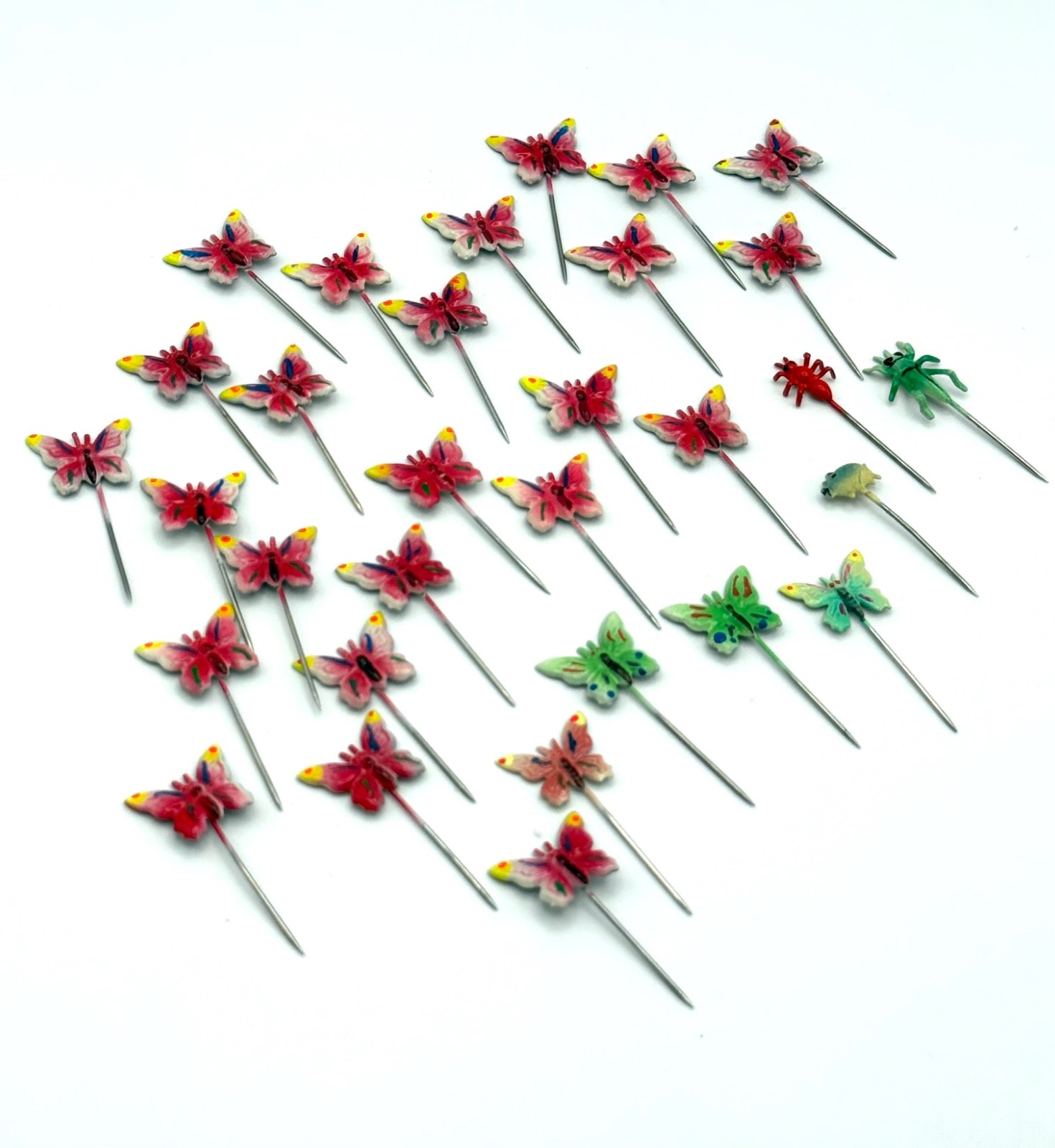 Vintage Sewing Straight Pins, set of 31, Metal, Butterfly and insect designs