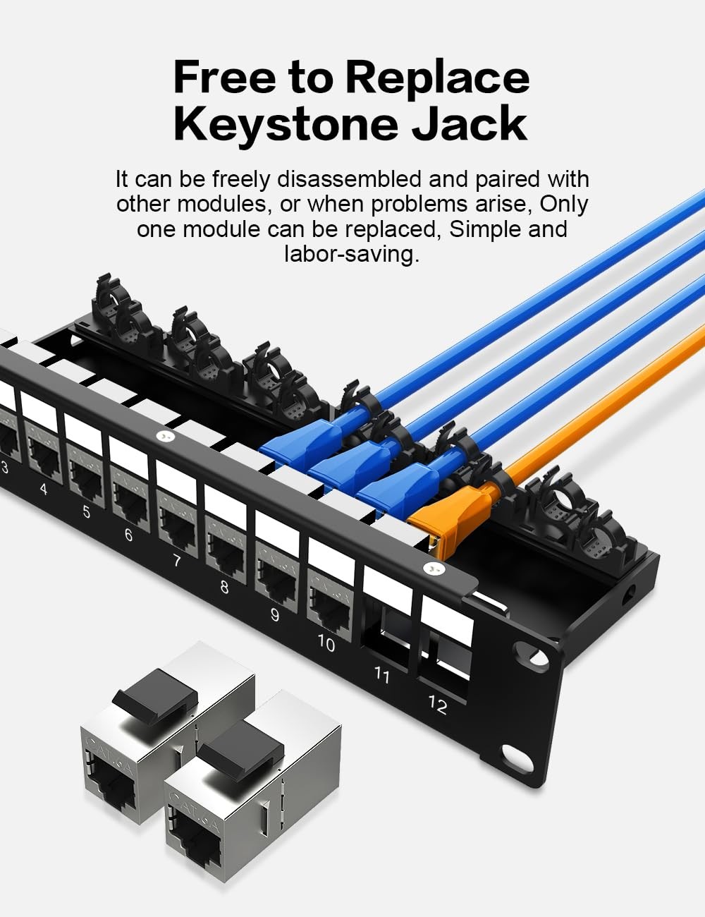 12 Port Keystone Patch Panel CAT6a Rackmount Wall Mount 1U 10 Inch Network