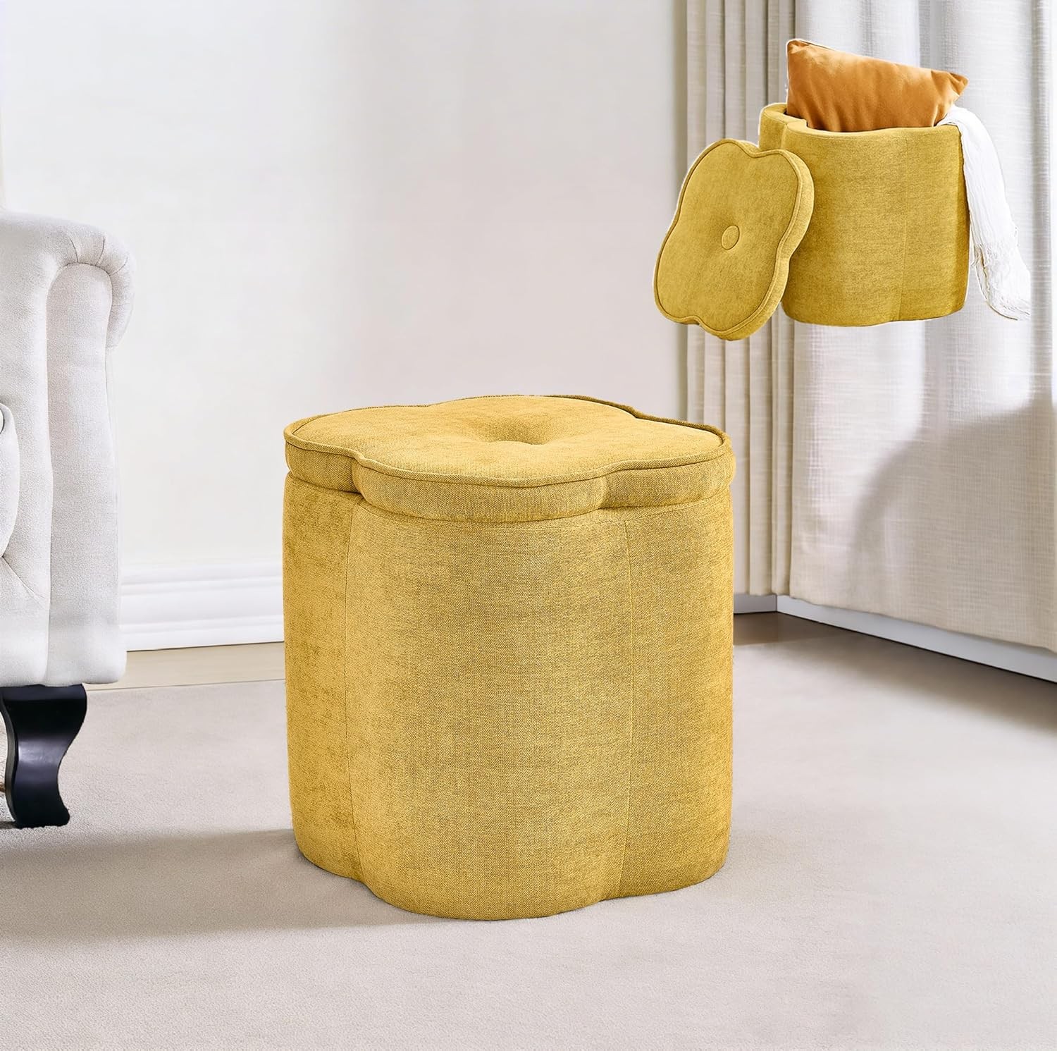Small Pink Storage Ottoman Flower Shape Chenille Ottoman Pouf