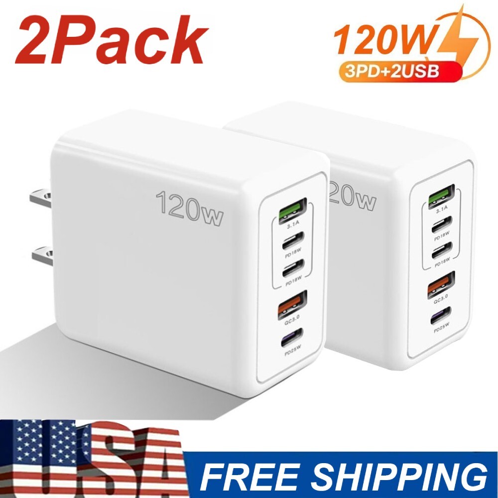 120W 5-Port USB C Fast Wall Charger Block For All Cell Phone iPad lot 3PD + 2USB