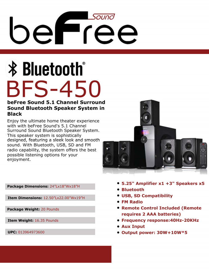 beFree 5.1 Channel Home Theatre Surround Speaker System w Warranty Remote USB BT