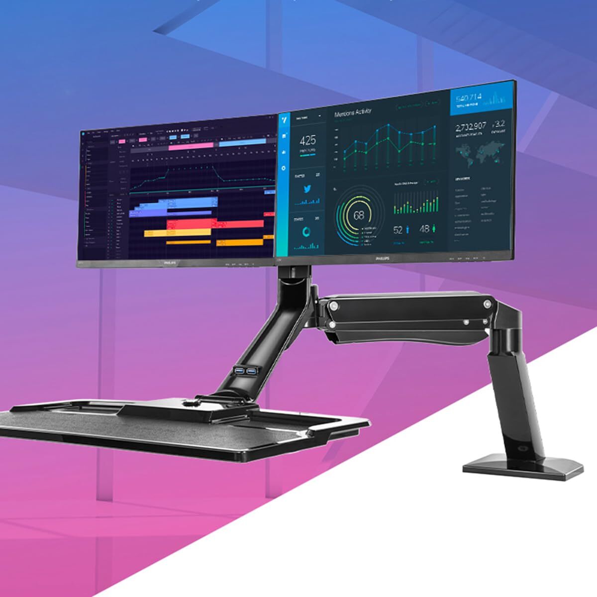 22''-27'' Dual Monitor Stand Sit Stand for Monitor Keyboard Height Adjustable