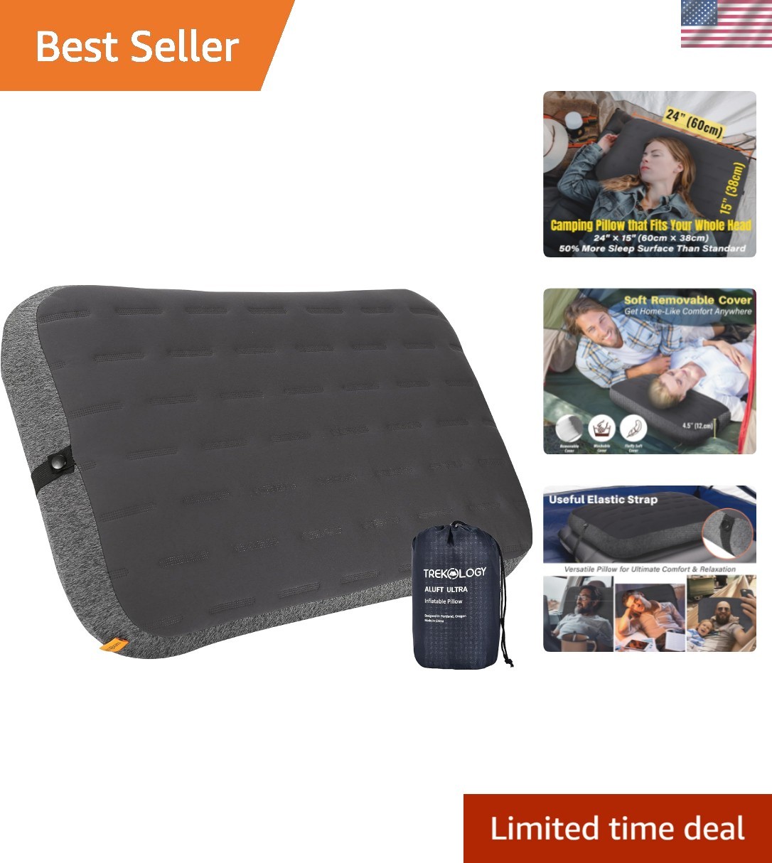 ALUFT Ultra Large Inflatable Camping Pillow - Home-Pillow Size 24"x15", Remov...