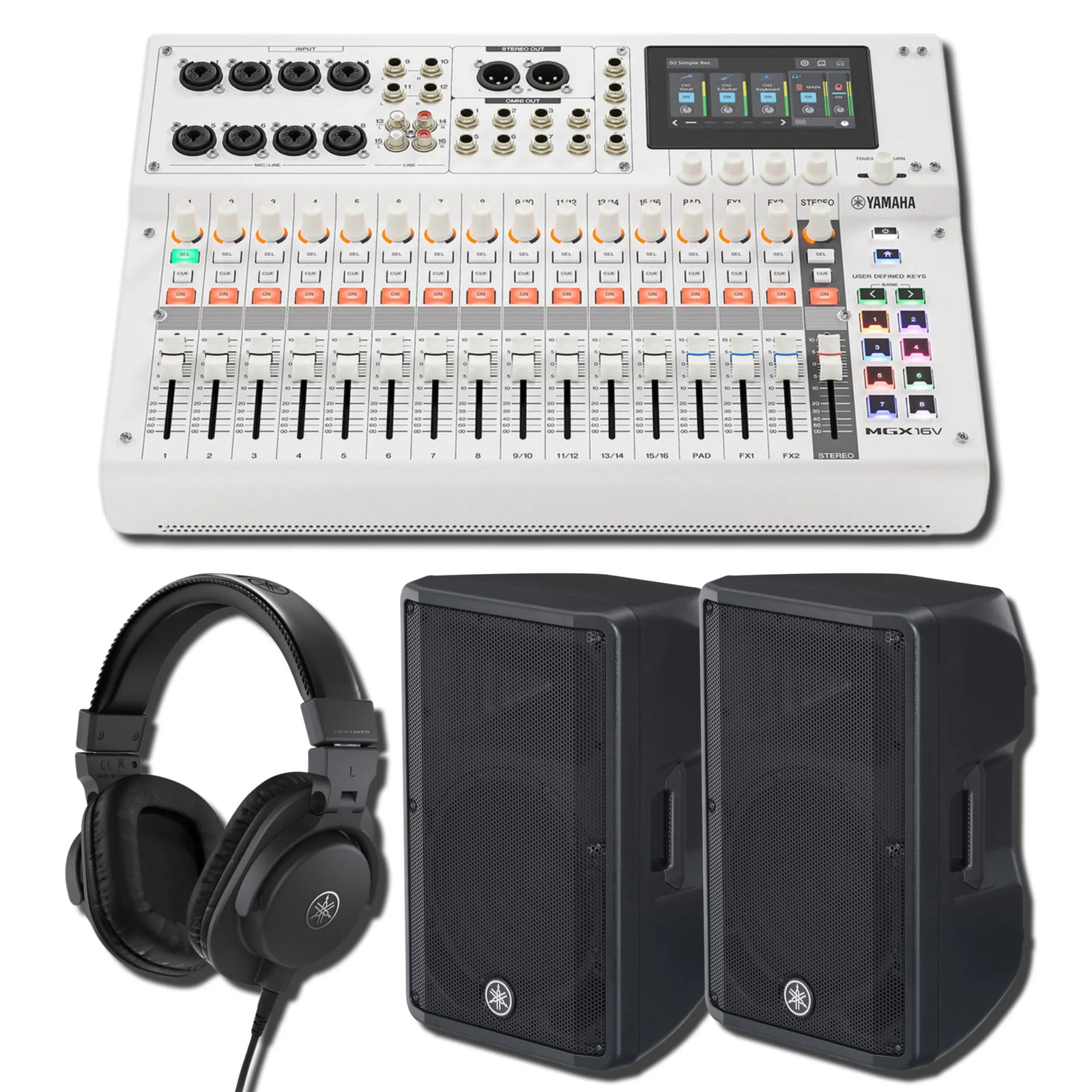Yamaha MGX16V W 22-Ch Digital Mixer w/ 2x DBR12 1000W Speakers & HPH-MT5