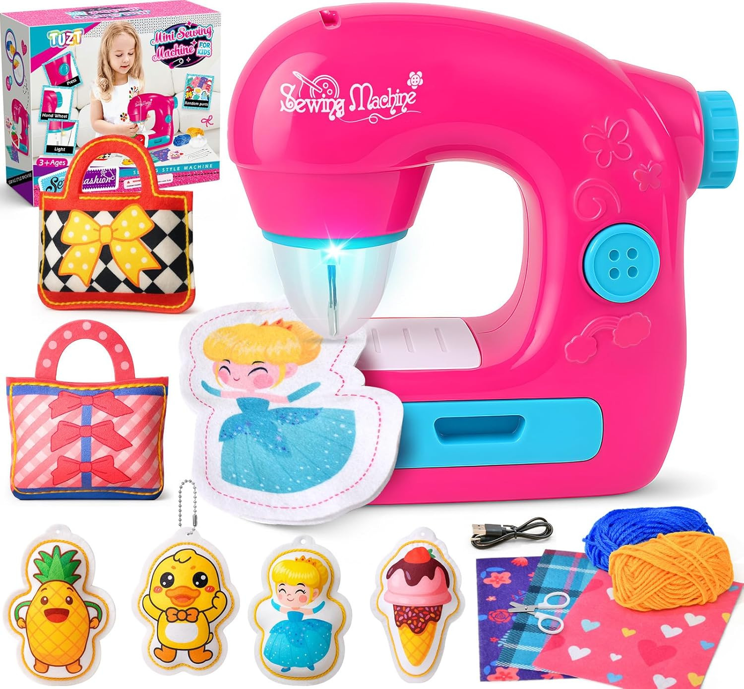 Mini Sewing Machine Toy Kit for Kids Beginners, 22Pcs Portable Electric Sewing M
