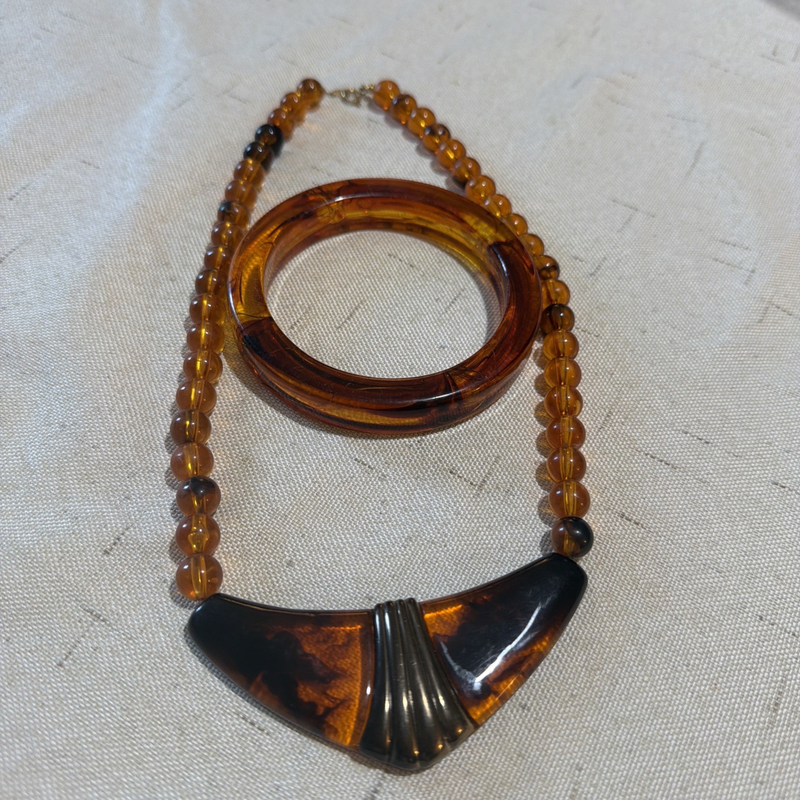 Vintage Lucite Faux Tortoiseshell Bangle 8.25 and necklace 16